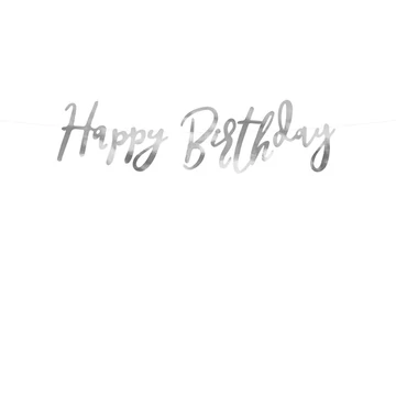 Banner, Happy birthday, ezüst, 16.5 cm x 62cm