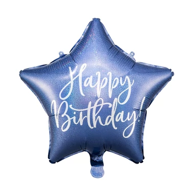 Happy Birthday felirattal, csillag alakú, kék, 40cm
