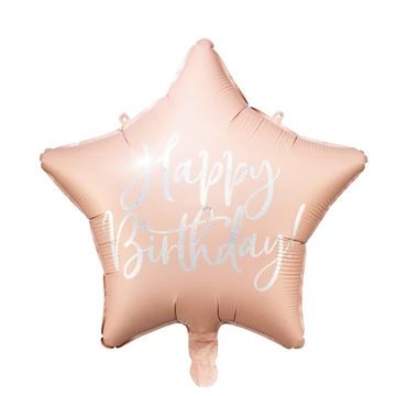 Happy Birthday felirattal, csillag alakú, púderpink, 40cm