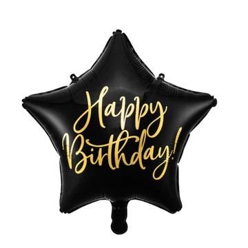 Happy Birthday felirattal, csillag alakú, fekete, 40cm