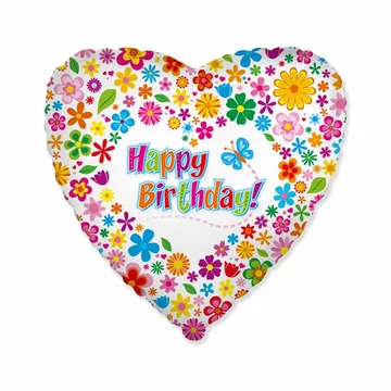 Fólia lufi, 18"/45cm, szív, Happy Birthday, virágos