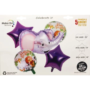 Fólia lufi csomag, Happy Birthday, elefántos, 5 db/cs