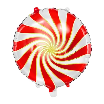 Piros-fehér-arany csíkos cukorka fólia lufi, 14"/35 cm