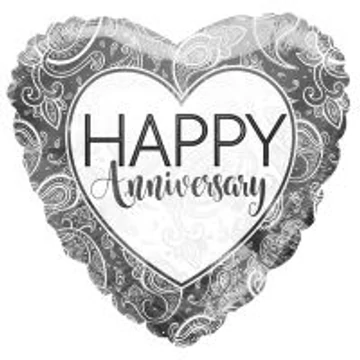 Happy Anniversary - szív fólia lufi, ezüst 46 cm