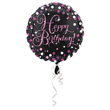 Fekete-pink, Happy Birthday hologramos fólia lufi