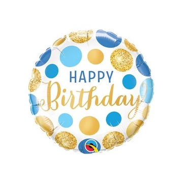 18 inch-es Birthday Blue & Gold Dots Szülinapi Fólia Lufi