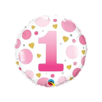18 inch-es 1-es Számos Pöttyös Rózsaszín Age 1 Pink Dots Fólia Lufi