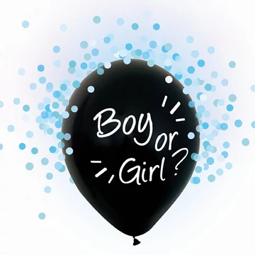 Babaváró latex léggömb, Boy or Girl felirattal, kék konfettivel, 4db/cs