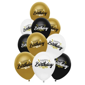 12 inch-es Happy Birthday latex léggömb, metál, fekete-fehér-arany 10 db/cs