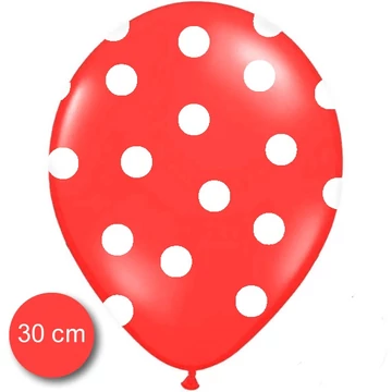 Pöttyös latex léggömb, 30cm, piros-fehér - 10 db/csomag
