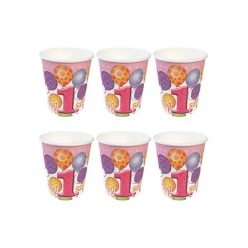 Boldog 1. Szülinapot! Léggömbös Rózsaszín Lányos Parti Pohár - 250 ml, 6 db-os