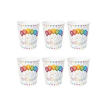 Boldog Szülinapot! Feliratú Streamers Parti Papír Pohár - 250 ml, 6 db-os