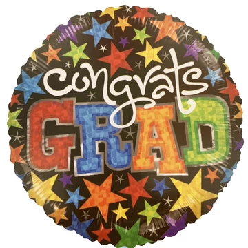 Fekete, színes feliratos, gömb alakú fólia lufi "Congrats, Grad" 