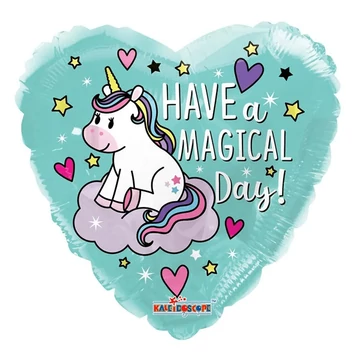 Szív formájú, unikornisos fólia lufi - Have a magical day