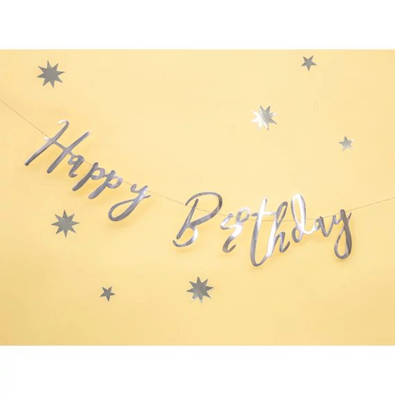 Banner, Happy birthday, ezüst, 16.5 cm x 62cm