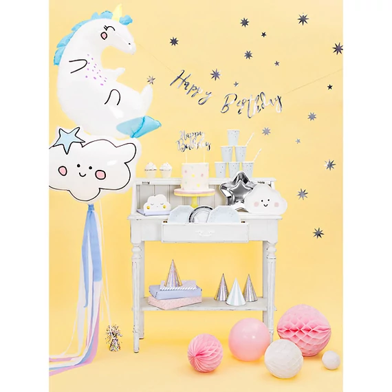 Banner, Happy birthday, ezüst, 16.5 cm x 62cm