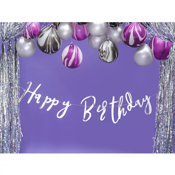 Banner, Happy birthday, ezüst, 16.5 cm x 62cm