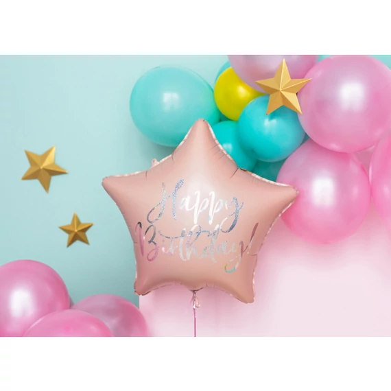 Happy Birthday felirattal, csillag alakú, púderpink, 40cm