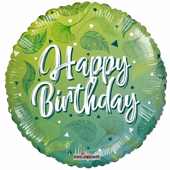 ECO fólia lufi, 18"/45cm, gömb, Happy Birthday, zöld motívumokkal