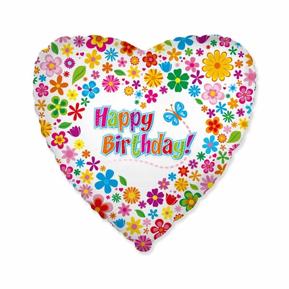 Fólia lufi, 18"/45cm, szív, Happy Birthday, virágos