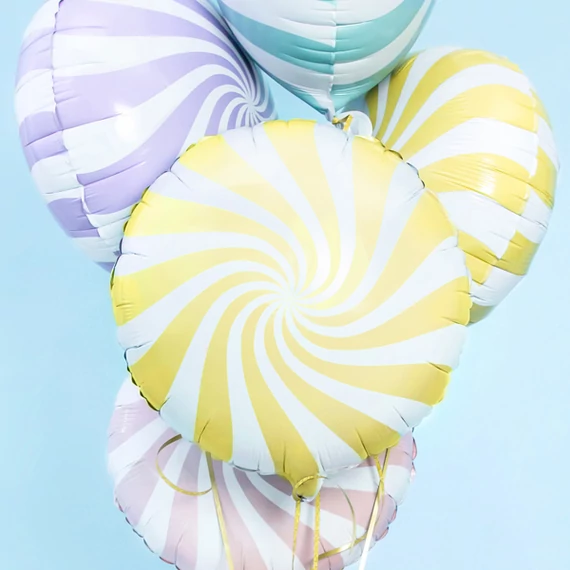 Sárga csíkos cukorka fólia lufi, 18"/45cm