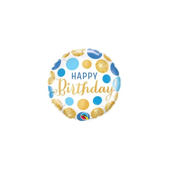 18 inch-es Birthday Blue & Gold Dots Szülinapi Fólia Lufi