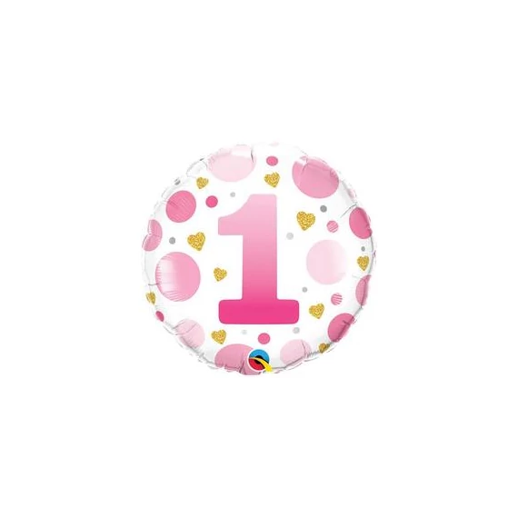 18 inch-es 1-es Számos Pöttyös Rózsaszín Age 1 Pink Dots Fólia Lufi