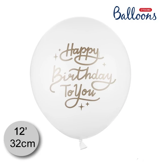 12 inch-es Happy Birthday latex léggömb, fehér, arany felirattal 5 db/cs