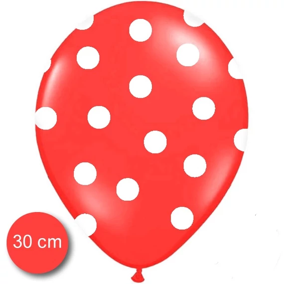 Pöttyös latex léggömb, 30cm, piros-fehér - 10 db/csomag