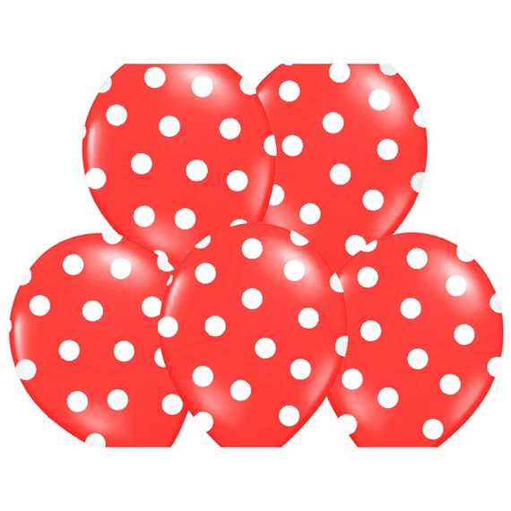 Pöttyös latex léggömb, 30cm, piros-fehér - 10 db/csomag