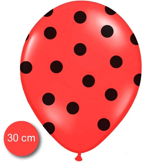 Pöttyös latex léggömb,30cm, piros-fekete - 10 db/csomag
