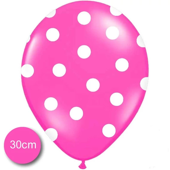 Pöttyös latex léggömb, 30cm, pink - 10 db/csomag