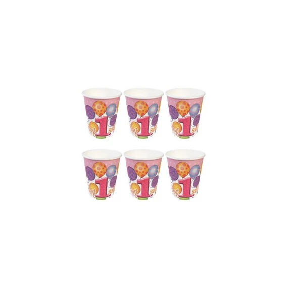 Boldog 1. Szülinapot! Léggömbös Rózsaszín Lányos Parti Pohár - 250 ml, 6 db-os