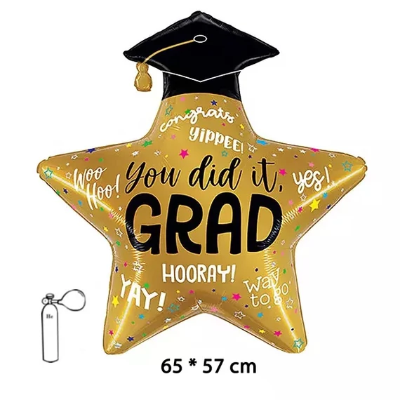Arany, csillag formájú fólia lufi "You did it GRAD" 65x57 cm