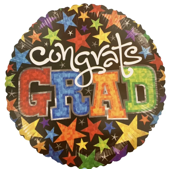 Fekete, színes feliratos, gömb alakú fólia lufi "Congrats, Grad" 